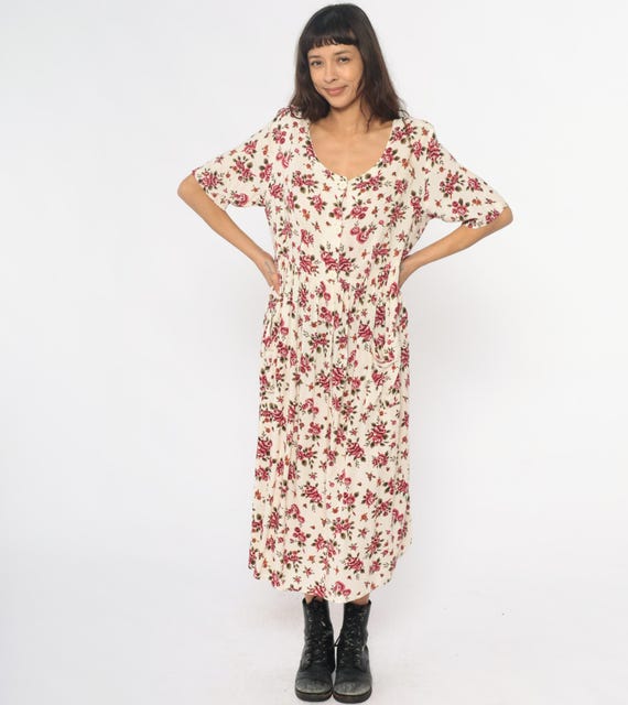 90s Floral Maxi Dress Cream Pink Rose Botanical Print Short Sleeve Cottagecore Prairie Vintage Summer Ivory White Fairycore Extra Large XL