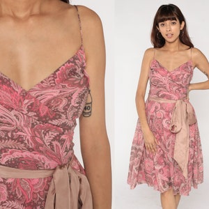 Fit and Flare Dress Y2K Pink Indian Floral Print Dress Summer Sundress High Waisted Bow V Neck Wrap Garden Party Romantic Vintage 00s Small