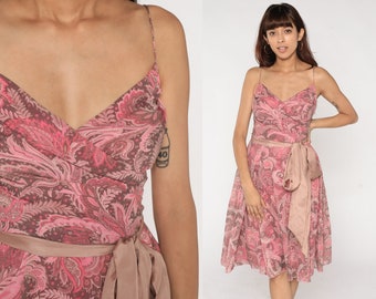 Fit and Flare Dress Y2K Pink Indian Floral Print Dress Summer Sundress High Waisted Bow V Neck Wrap Garden Party Romantic Vintage 00s Small