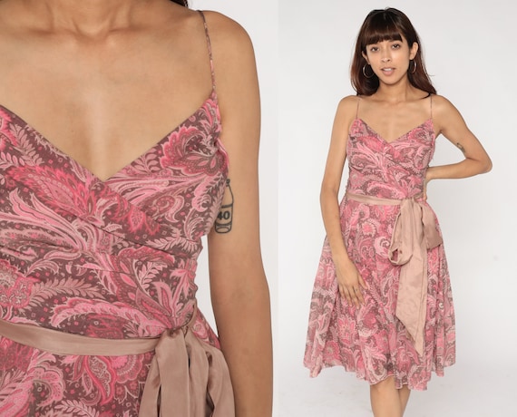 Fit and Flare Dress Y2K Pink Indian Floral Print Dress Summer Sundress High Waisted Bow V Neck Wrap Garden Party Romantic Vintage 00s Small