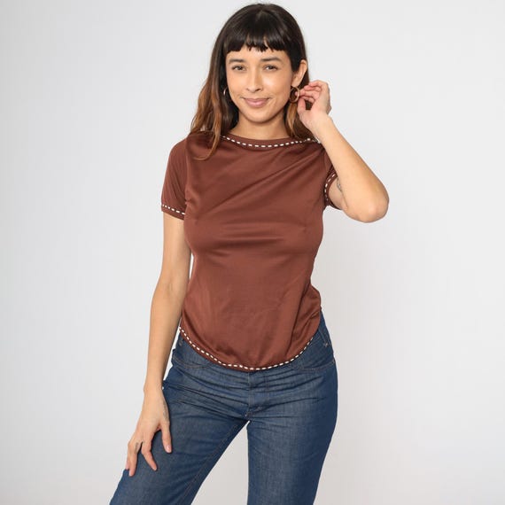 Vintage Brown Nylon Top 70s 80s Retro Shirt Short Sleeve Boatneck Top Striped Shirt 1970s Ringer Top Boat Neck Shirt Small S