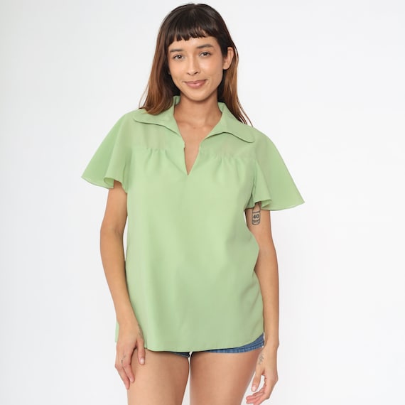 70s Flutter Sleeve Blouse Light Green Sheer Yoke Hippie Shirt Pastel Boho V Neck Collared Top Bohemian Vintage Short Sleeve Medium