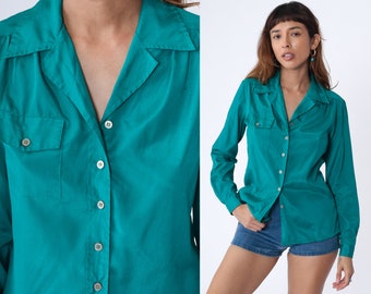 Teal Green Blouse 90s Button up Shirt Long Sleeve Collared Top Retro Preppy Basic Plain Simple Minimalist Collar Vintage 1990s Medium M