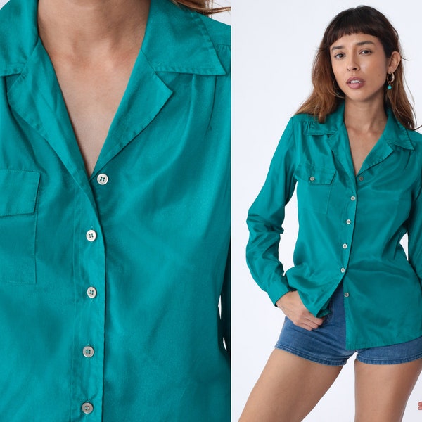 Teal Green Blouse 90s Button up Shirt Long Sleeve Collared Top Retro Preppy Basic Plain Simple Minimalist Collar Vintage 1990s Medium M