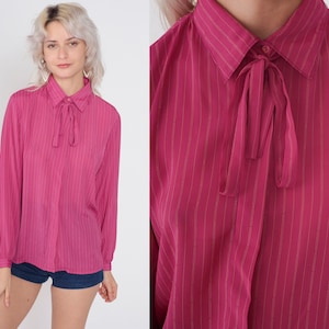 Deep Pink Striped Ascot Blouse 70s Necktie Top Semi-Sheer Pussy Bow Shirt Button Up Boho Long Sleeve Neck Tie Secretary Vintage 1970s Medium image 1