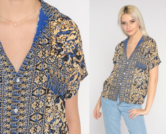 Batik Blouse Floral Shirt Blue Yellow Indonesian Shirt 90s Grunge Hippie Boho Vintage Button Up Down Short Sleeve Bohemian Small S