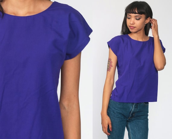 Plain Purple Top 80s Polyester Rayon Blouse Plain T Shirt 90s Shirt Cap Sleeve Top Retro Tee Vintage Basic Women Short Sleeve Extra Small xs