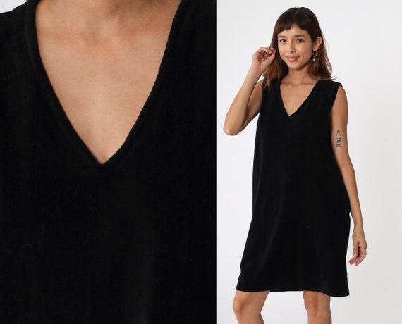 Black Shift Dress 90s Mini Dress V Neck Plain Sle… - image 1