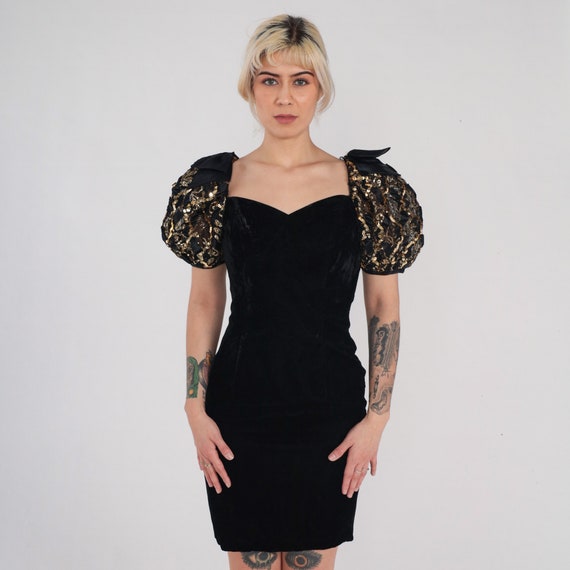 Vintage Black Party Dress 90s Velvet Ribbon Bow Mini Dress Gold Sequin Puff Sleeve Pencil Retro Sheath Cocktail Sweetheart Neckline 1990s XS