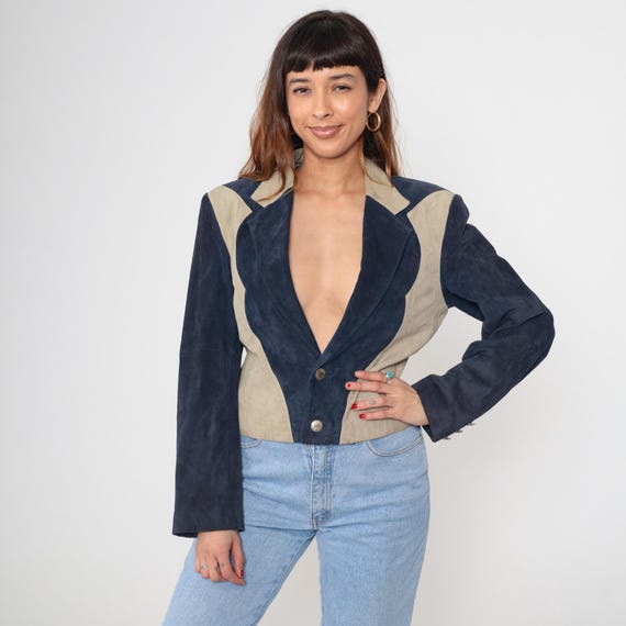 Western Blazer 90s Scully Navy Blue Beige Genuine Leather Jacket Cowgirl Country Vintage Rodeo Statement Southwest Western Wear Medium M 36