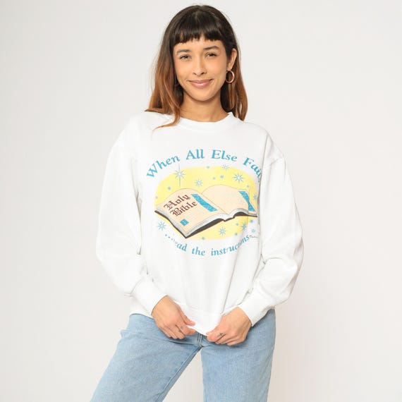 Vintage 90s Christian Sweatshirt Bible Graphic When All Else Fails Religious Crewneck Pullover White 1990s Delta Large L