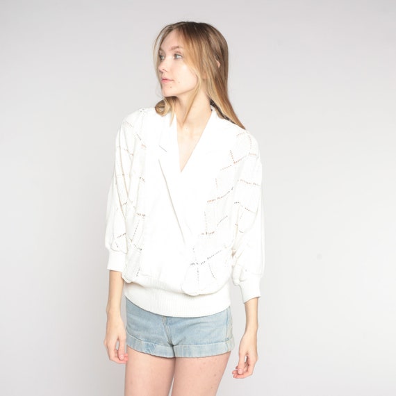 White Sweater Top 80s Knit Blouse V Neck Collared Sweater Long Sleeve Shirt Boho Basic Plain Preppy Retro Secretary Vintage 1980s Medium M