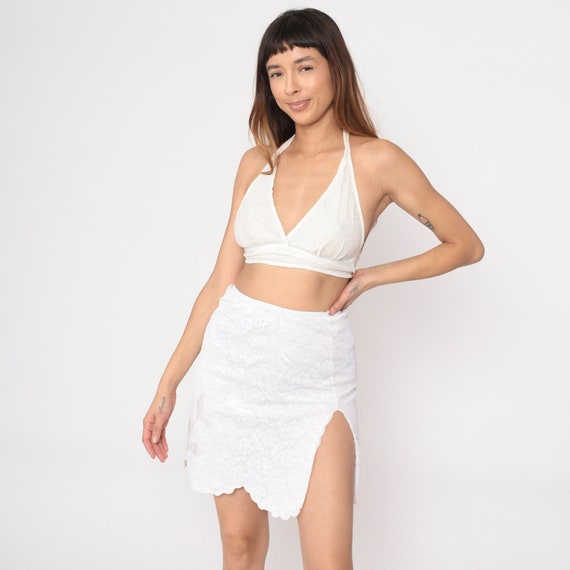 70s White Lace Slip Skirt Scalloped Front Slit Leaf Applique Vintage Lingerie Half Slip Skirt Mini Pinup Pin Up Bohemian 1970s Small