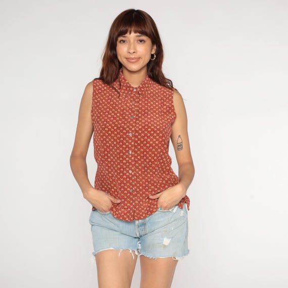 Rust Orange Daisy Print Sleeveless Blouse 90s Button Up Collar Small Floral Pattern Silk Vintage Cottagecore Classic Top Medium M