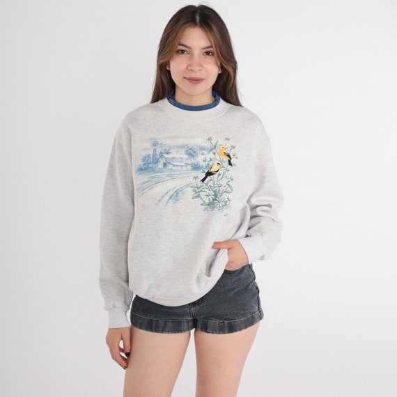 Bird Sweatshirt 90s Glitter Floral Sweater Farmhouse Flower Graphic Shirt Embroidered Layered Crewneck Grandma Grey Vintage 1990s Medium M
