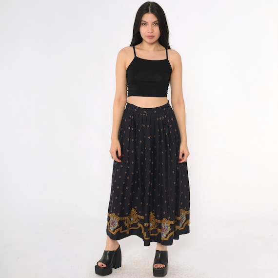 Vintage Baroque Print Skirt 80s Navy Blue Gold Medallion Border Cameo Print Full Elastic Waist 1980s Rayon Midi Skirt Small S