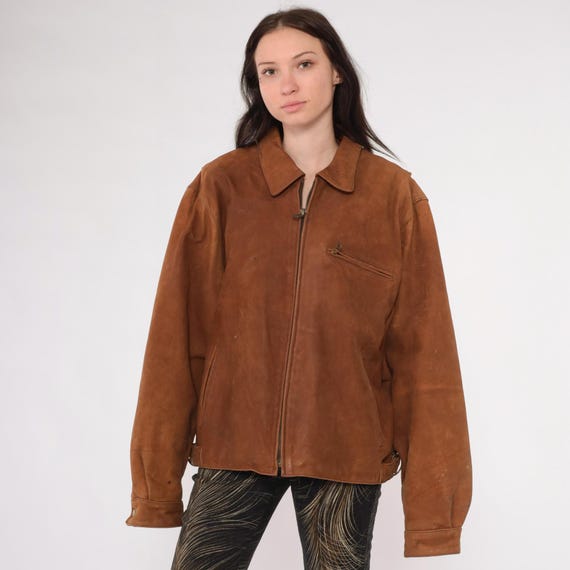 Vintage Brown Leather Jacket 90s Zip Up Biker Moto Coat Motorcycle Cafe Racer Basic Collared 1990s Men's Large