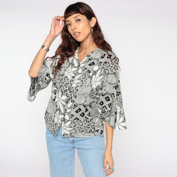 Black Floral Shirt 90s Geometric Patchwork Button Up Shirt Floral Blouse Collared Long Bell Sleeve Top Boho 1990s Vintage Small Medium