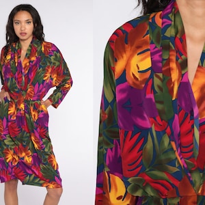 Tropical Floral Dress Long Dolman Sleeve Dress 80s Boho Purple Print Midi 90s Draped V Neck Bohemian Vintage High Waist Large 14
