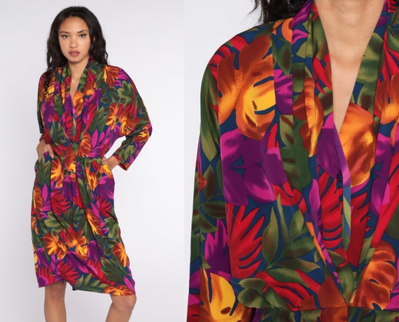Tropical Floral Dress Long Dolman Sleeve Dress 80s Boho Purple Print Midi 90s Draped V Neck Bohemian Vintage High Waist Large 14
