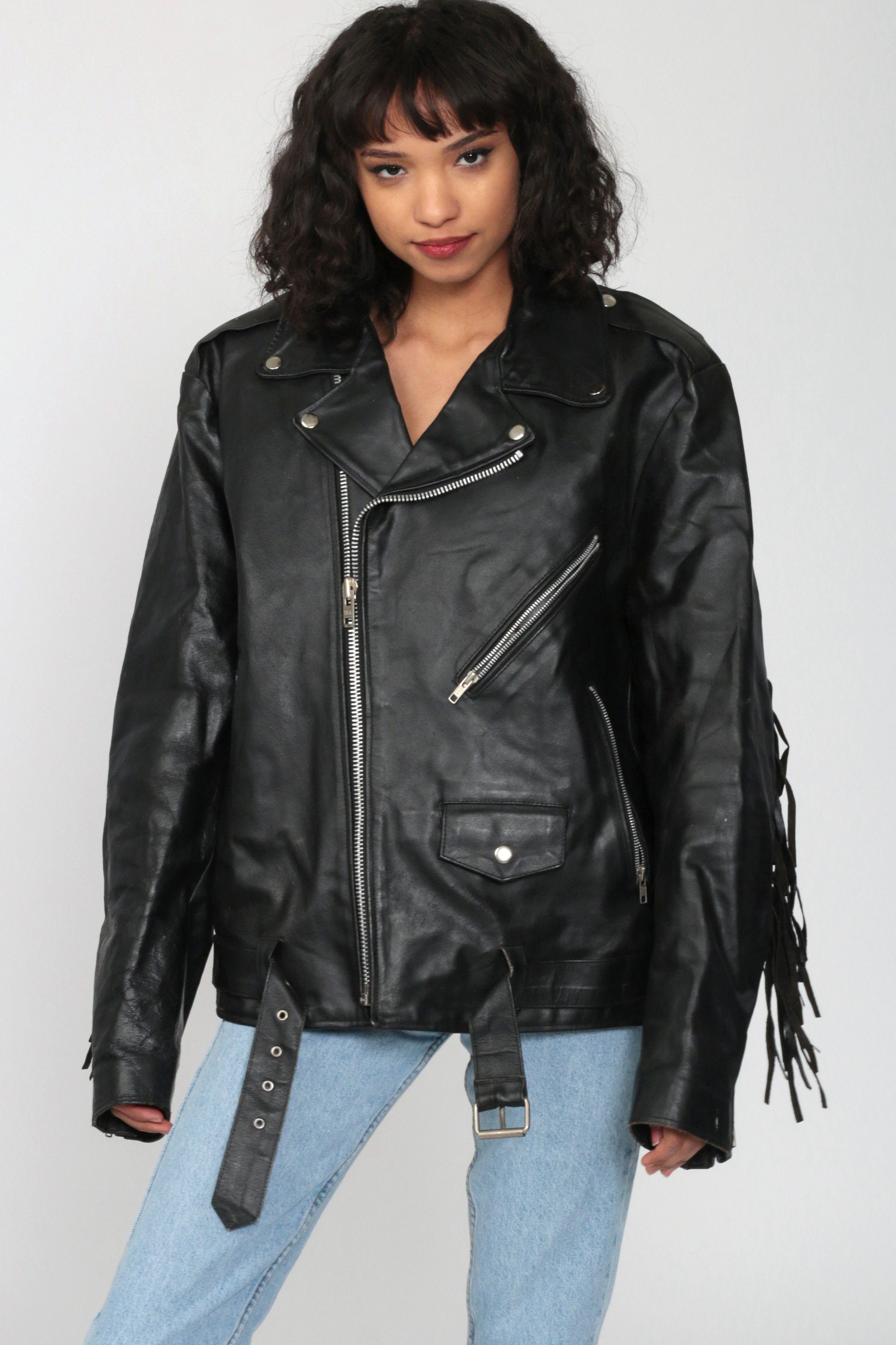 Leather Biker Jacket 80s Black FRINGE MOTORCYCLE Jacket 1980s Vintage ...