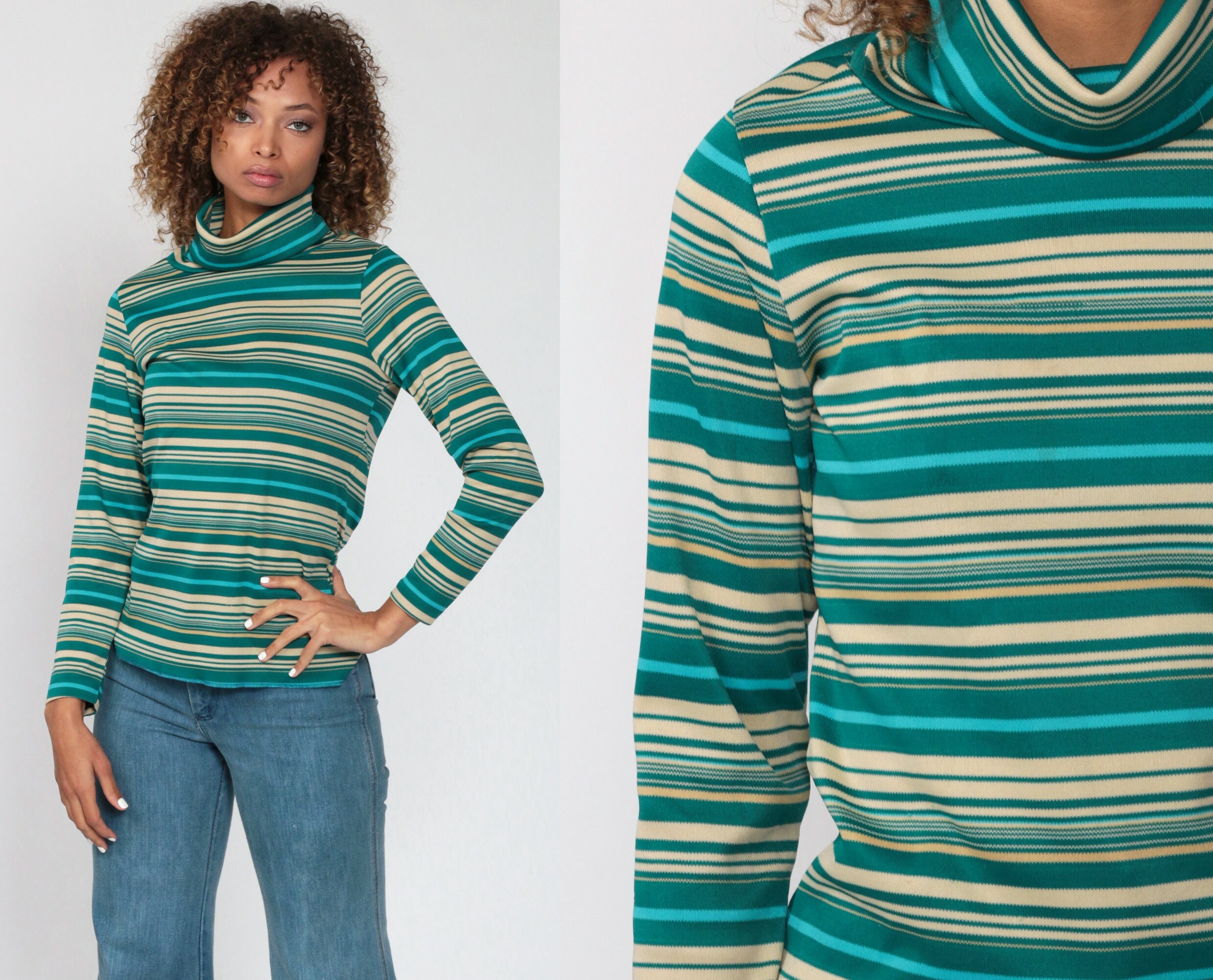 Green Turtleneck Shirt 70s Top Blue 