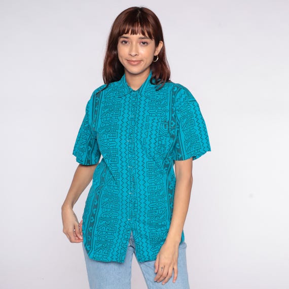 90s Hawaiian Shirt Turquoise Teal Blue Collared Short Sleeve Geometric Tribal Pattern Resort Beach Vacation Unisex Casual Summer Top Medium