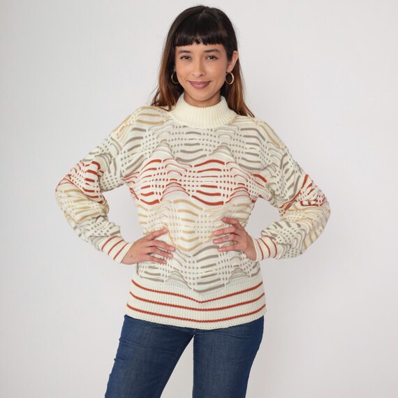 Cream Striped Sweater 1980s Red Tan Turtleneck Chunky Knit Vintage Pullover Oversized Wave Pattern Textured Cozy Grandpa Style Small S
