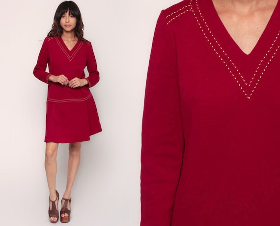 60s Mod Dress Mini WOOL Dress 70s Scooter Red Drop Waist Dress Vintage 1970s Long Sleeve Twiggy Minidress V Neck Sixties Medium