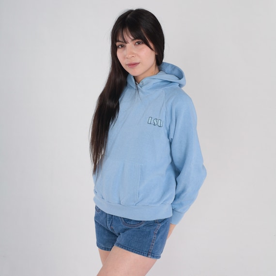LSU Hoodie 80s Baby Blue Hooded Sweatshirt Louisiana State University College Graphic Kangaroo Pocket Raglan Sleeve Hood Vintage 1980s Small