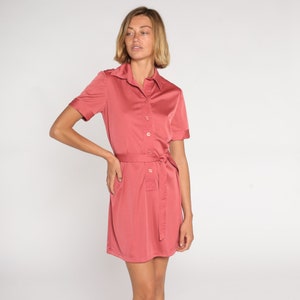 Pink Mini Dress 70s Shirtwaist Dress Retro Button Up Shift Dress Short Sleeve High Waisted Secretary Preppy Casual Vintage 1970s Medium M image 2