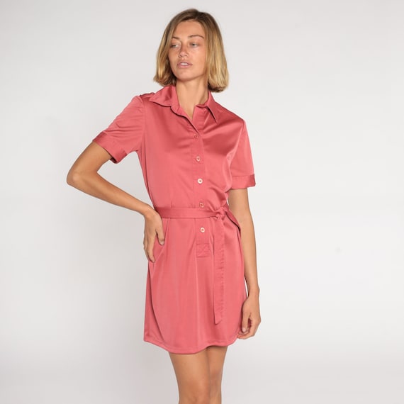 Pink Mini Dress 70s Shirtwaist Dress Retro Button Up Shift Dress Short Sleeve High Waisted Secretary Preppy Casual Vintage 1970s Medium M