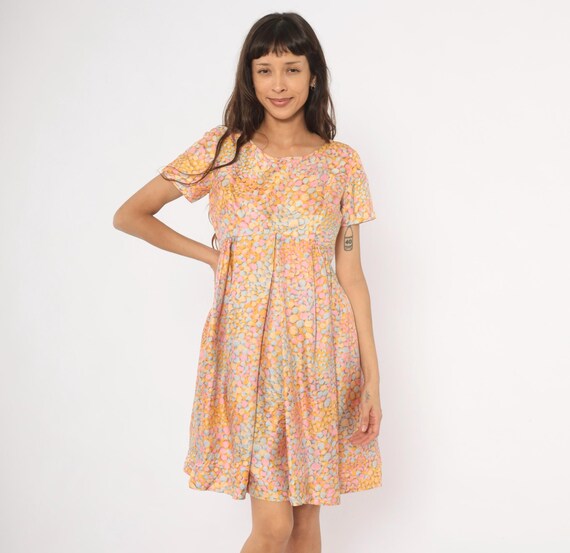 60s Pastel Babydoll Pebble Print Silk Dress Orange Pink Blue Short Sleeve Gathered Waist Back Zip Frock Summer Cottagecore Vintage Medium M