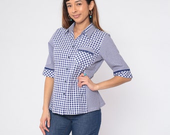 Blusa xadrez anos 90, camisa com botões, azul, branca, xadrez, meia manga, gola, top retrô, preppy, verão, estampa xadrez, boho, vintage, anos 90, médio, M