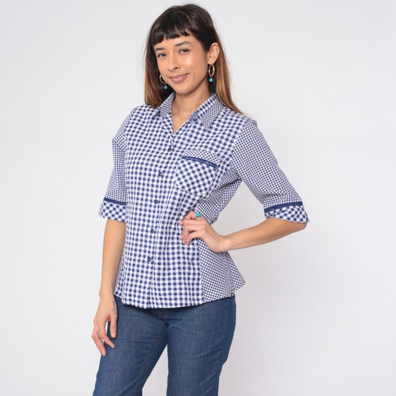 Gingham Blouse 90s Button up Shirt Blue White Checkered Half Sleeve Collared Top Retro Preppy Summer Check Print Boho Vintage 1990s Medium M