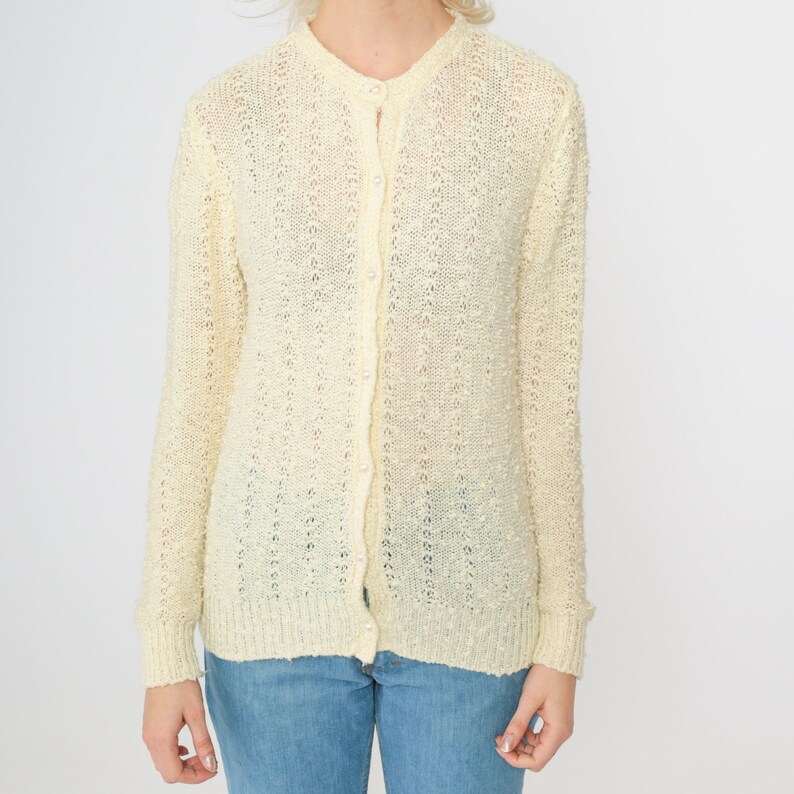 Pale Yellow Cardigan 80s Pointelle Knit Pearl Button up Sweater Open Weave Sheer Sweater Retro Grandma Openwork Vintage 1980s Small S image 9