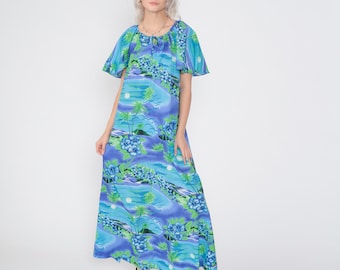 Robe maxi hawaïenne des années 80 Hilo Hattie's Tropical tente robe Floral Island imprimé manches flottantes été bleu violet vert vintage des années 1980 petit S