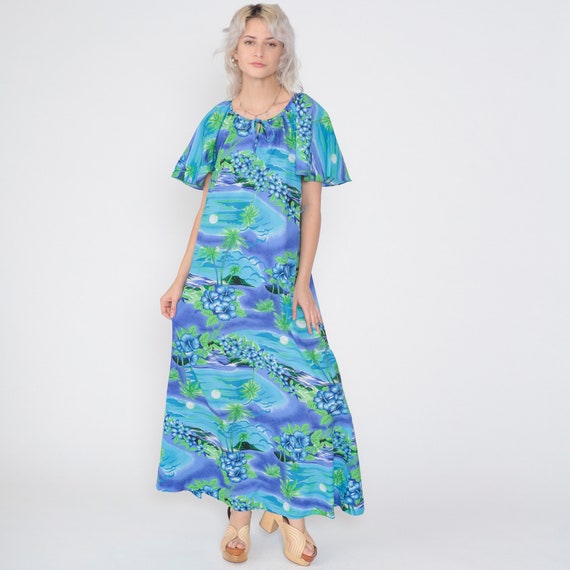 Hawaiian Maxi Dress 80s Hilo Hattie's Tropical Tent Dress Floral Island Print Flutter Sleeve Summer Blue Purple Green Vintage 1980s Small S