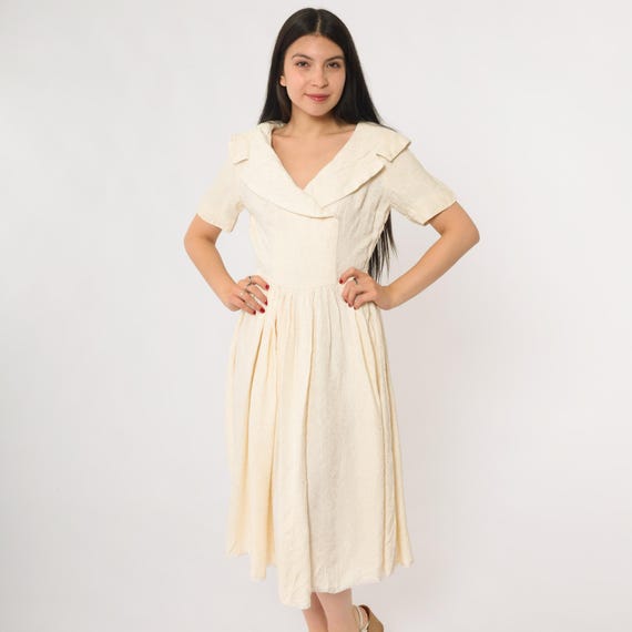 50s Sailor Dress Cream Sailor Collar Ivory Midi Nautical Pin Up Rockabilly Swing Dance Party Mad Men Princess Tea Party Jazz Small Medium