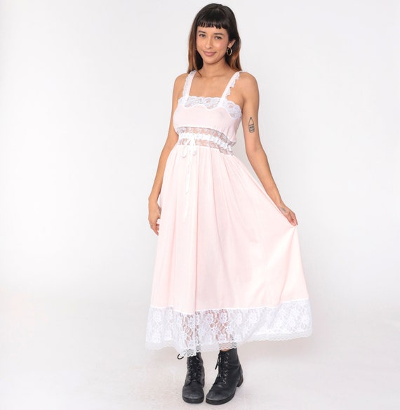 Victoria's Secret Nightgown Y2K Baby Pink White Lace Slip Dress Maxi Lingerie Vintage 00s Pastel Semi-Sheer Spaghetti Strap High Waist Small