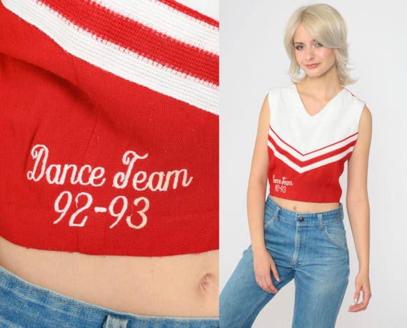 Vintage 90s Red White Cheerleader Crop Top 92-93 Dance Team Uniform Sleeveless V Neck Retro 1990s Preppy Cropped Shirt Broadway Supply Small