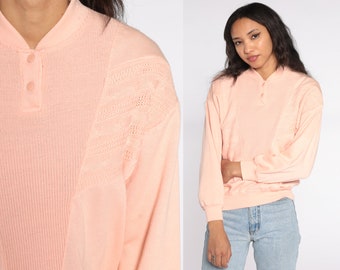 Peach Henley Sweatshirt 80s Button Up Long Sleeve Shirt Knit Panel 1980s Plain Pullover Retro 1980s Nerd Geek Preppy Small S