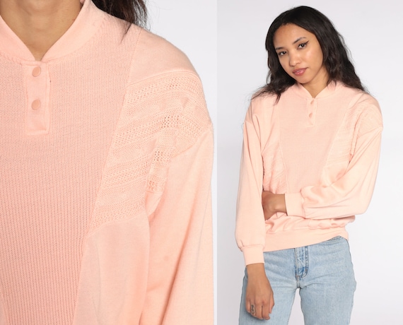 Peach Henley Sweatshirt 80s Button Up Long Sleeve Shirt Knit Panel 1980s Plain Pullover Retro 1980s Nerd Geek Preppy Small S
