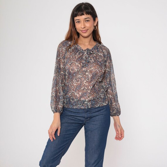 Paisley Tie Neck Blouse 70s Sheer Top Psychedelic Shirt Vintage Bow Orange Blue White 1970s Ascot Boho Long Sleeve Bohemian Vintage Small S