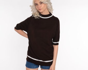 Brown Knit Shirt 70s Sweater Top Ringer Top Mock Neck Slouchy Short Sleeve Sweater Hipster Pullover 1970s Vintage Medium
