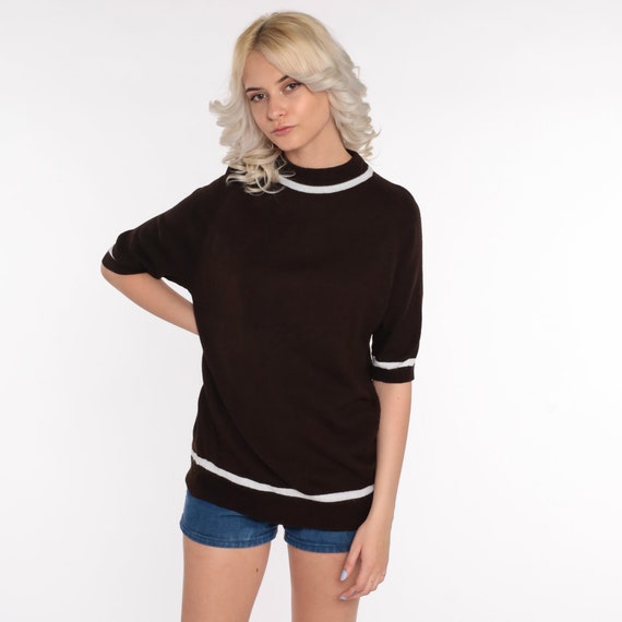 Brown Knit Shirt 70s Sweater Top Ringer Top Mock Neck Slouchy Short Sleeve Sweater Hipster Pullover 1970s Vintage Medium