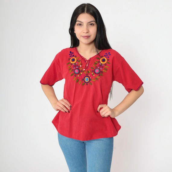 Red Floral Blouse 90s Embroidered Mexican Top Lace Up Corset Shirt Peasant Hippie Short Sleeve Festival Vintage 1990s Small Medium