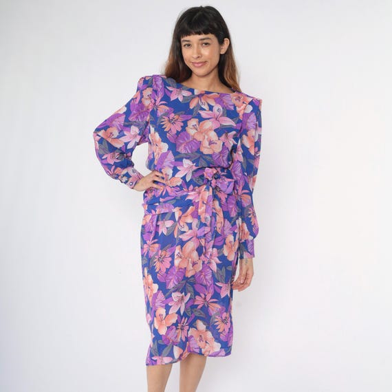 Vintage Tropical Floral Dress 80s Purple Hibiscus Print Midi Puff Sleeve Tie Waist Boho 1980s Summer High Waisted Flower Print Medium M