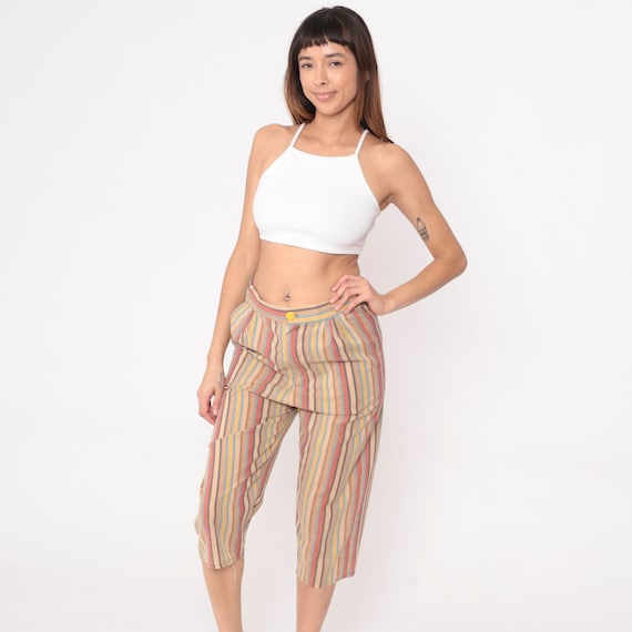 70s Striped Capri Pants Cropped Pants High Waisted Pants Retro Hippie Flares Boho Trousers Tan Red Blue Yellow Vintage 1970s Small S