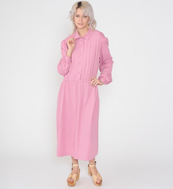 Pink Shirtwaist Dress 80s Button up Midi Dress Pleated Secretary Long Sleeve High Waisted Collared Vintage The Shirt Dress 1980s 3xl xxxl 20